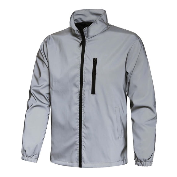 Men Reflective Running Jacket, Lightweight Windbreaker with Zipper Pocket, Full Zip Track Jacket Big and Tall Size XS-3XL Gray