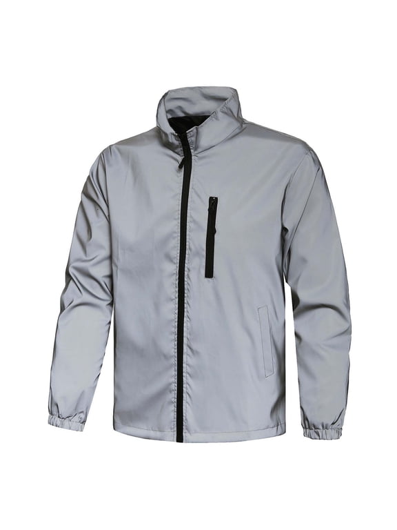 Men Reflective Running Jacket, Lightweight Windbreaker with Zipper Pocket, Full Zip Track Jacket Big and Tall Size XS-3XL Gray