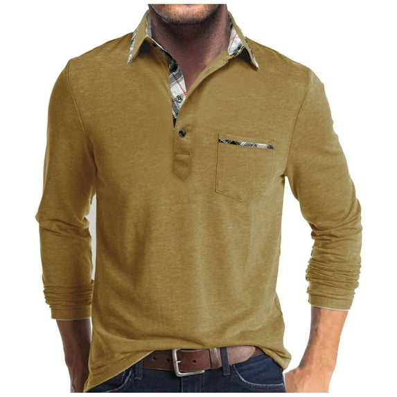 Men Regular-Fit Cotton Polo Shirts Stretch Long Sleeve T Shirts Casual Button Down Collar Golf Shirt Soild Basic Fall Top with Pocket