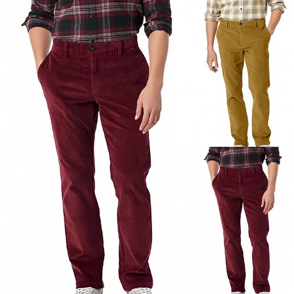 Men Regular Fit Pant Solid Color Long Sports Casual Fall Thick Warm Dressy Red Pant