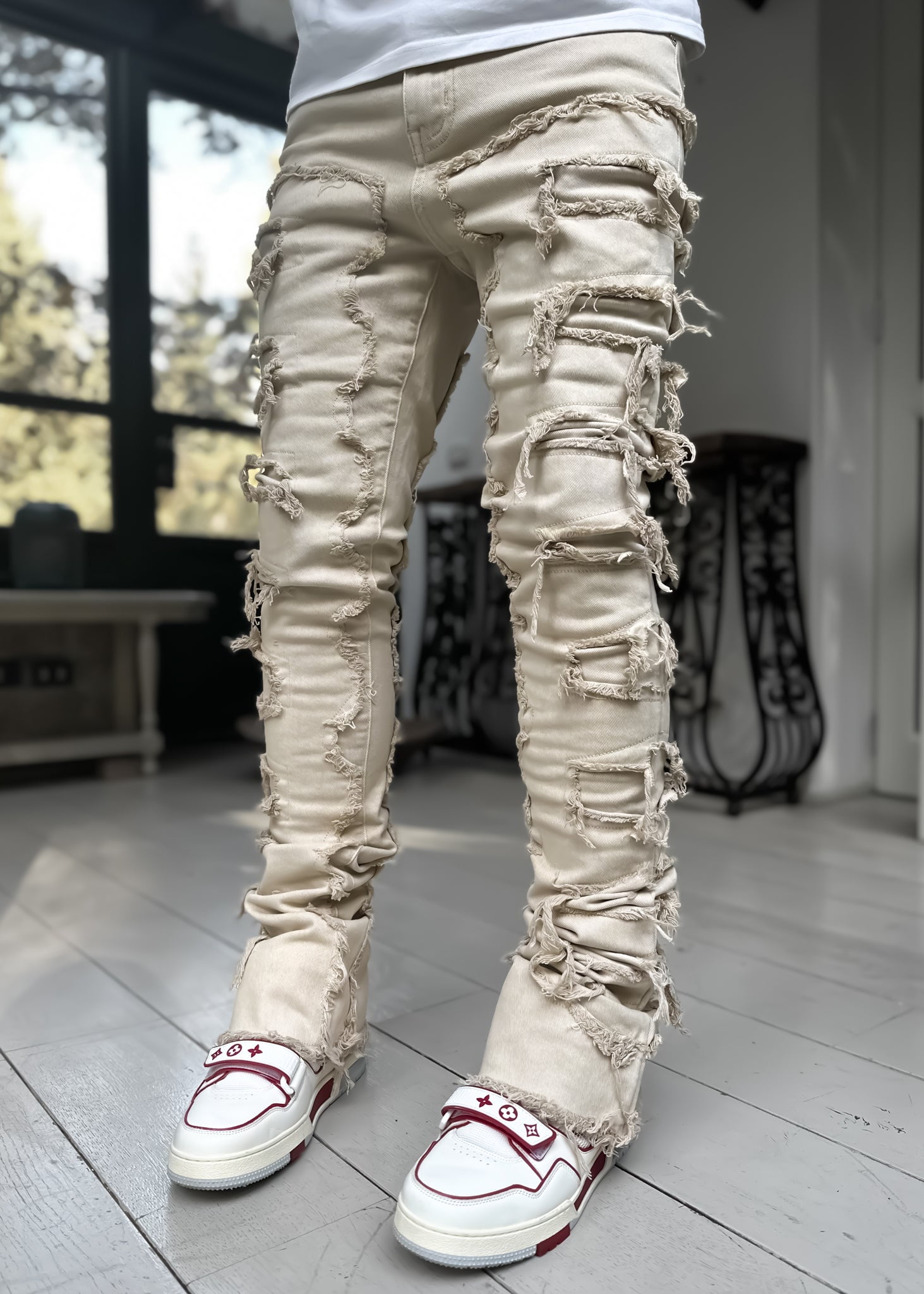 Men Regular Stacked Jeans Patch Distressed Destroyed Straight