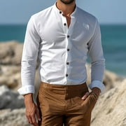 YIWEI Men Retro Collarless Casual Formal Informal Grandad Long Sleeve Cotton Shirt Top