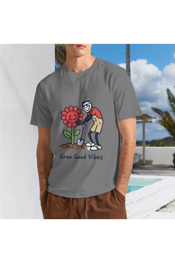 Men Retro Gardener Stick Figure Sunflower Graphic T-Shirt, "Grow Good Vibes" Letter Crew Neck Poly Cotton Casual Short Sleeve Tee