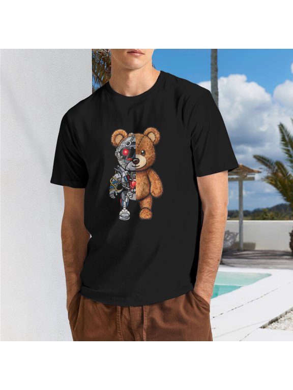 Men Retro Half Mechanical Robot Teddy Bear Crew Neck T-Shirt, Cyborg Plush Bear Poly Cotton Casual Short Sleeve Tee