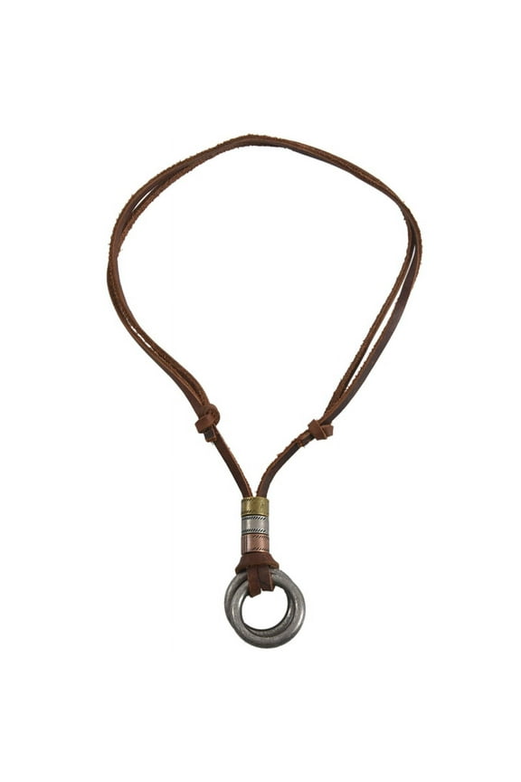 Men Retro Leather Cord Necklace Ring Pendant Jewelry Gift