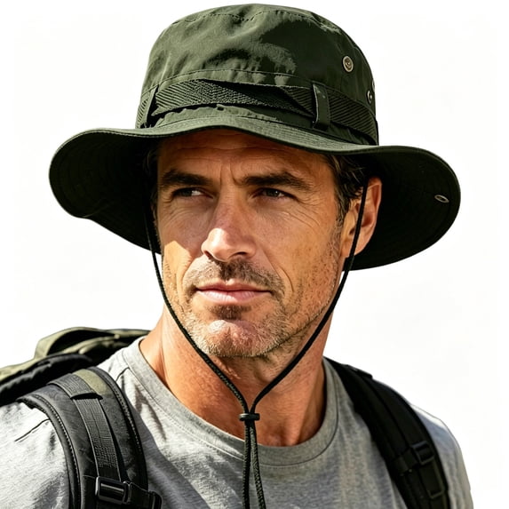 Men Retro Tactical Wide Brim Bucket Hat, Foldable Windproof Sun Hat for Hiking Fishing Outdoor Camping Army Green Free Size