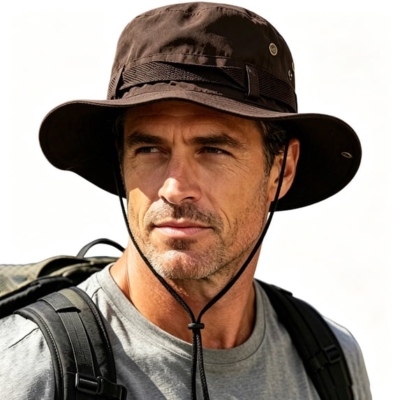 Men Retro Tactical Wide Brim Bucket Hat, Foldable Windproof Sun Hat for Hiking Fishing Outdoor Camping Coffee Free Size