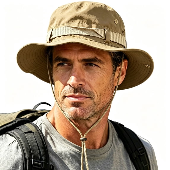 Men Retro Tactical Wide Brim Bucket Hat, Foldable Windproof Sun Hat for Hiking Fishing Outdoor Camping Khaki Free Size