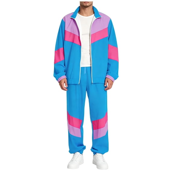 Men Retro Track Suit Zip Jacket Jogger Pants Throwback Party Daily Outfit Color Block 2-Piece