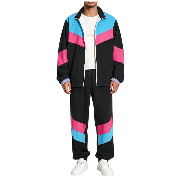 Men Retro Track Suit Zip Jacket Jogger Pants Throwback Party Daily Outfit Color Block 2-Piece