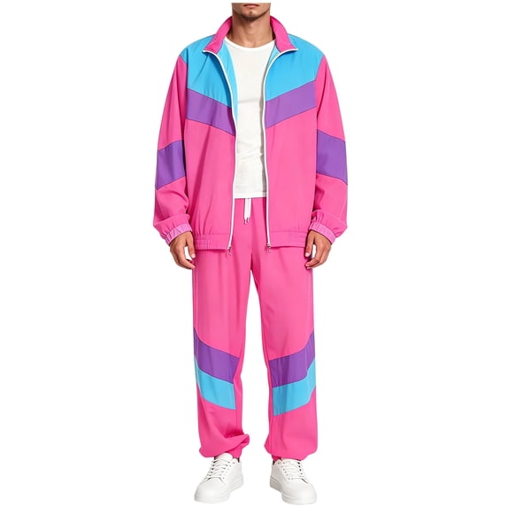 Men Retro Track Suit Zip Jacket Jogger Pants Throwback Party Daily Outfit Color Block 2-Piece