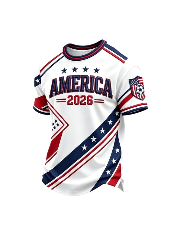Men Retro USA 2026 Football Jersey Shirts American Flag Print Crew Neck Short Sleeve T-Shirt National Team Fan Casual Streetwear Shirt, White M