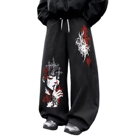 Men Retro Y2K Grunge Gothic Graphic Wide Leg Sweat Trousers Elastic Drawstring Loose Cut Street Casual Pants for Punk Skate Daily Outfits