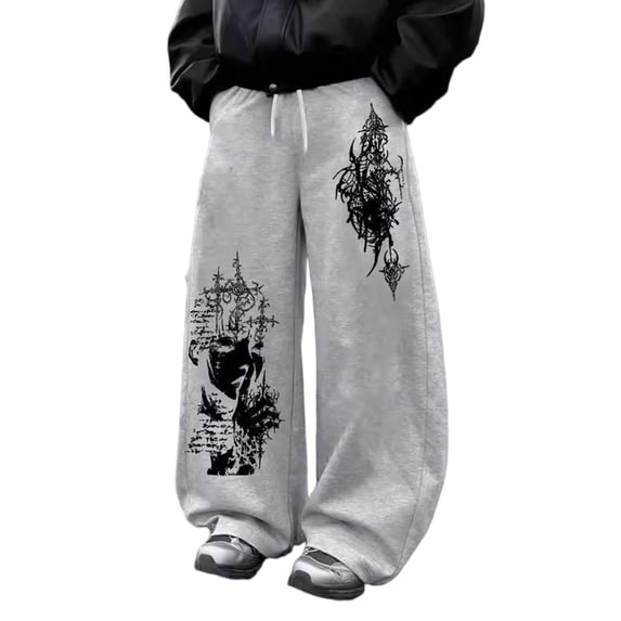 Men Retro Y2K Grunge Gothic Graphic Wide Leg Sweat Trousers Elastic Drawstring Loose Cut Street Casual Pants for Punk Skate Daily Outfits