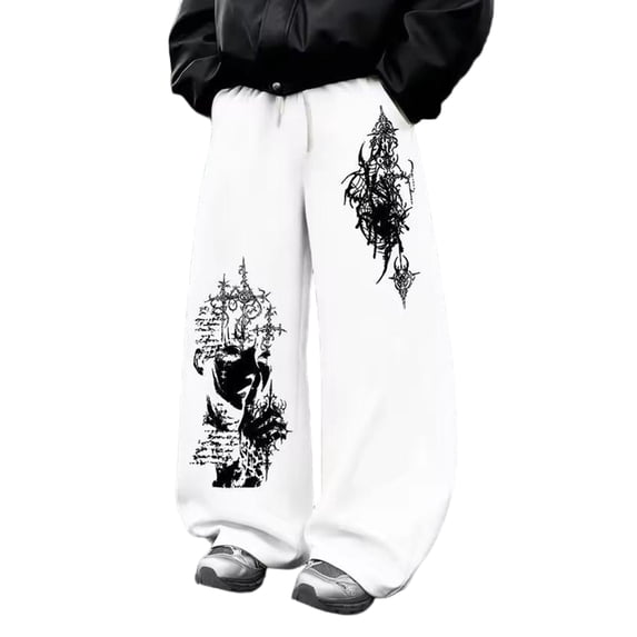 Men Retro Y2K Grunge Gothic Graphic Wide Leg Sweat Trousers Elastic Drawstring Loose Cut Street Casual Pants for Punk Skate Daily Outfits