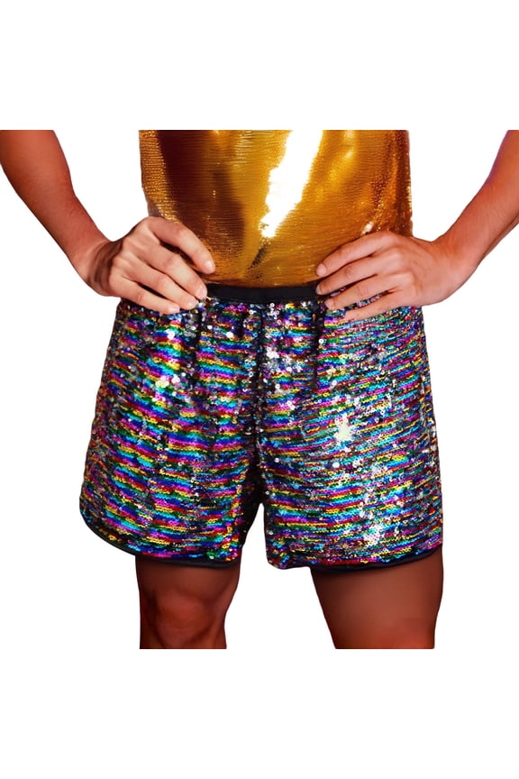Men Reversible Sequin Street Shorts – Flip Sparkle Graphic Casual Athletic Shorts, Trendy Hip Hop Sport Lounge Bottoms For Party Stage Performance Night Event
