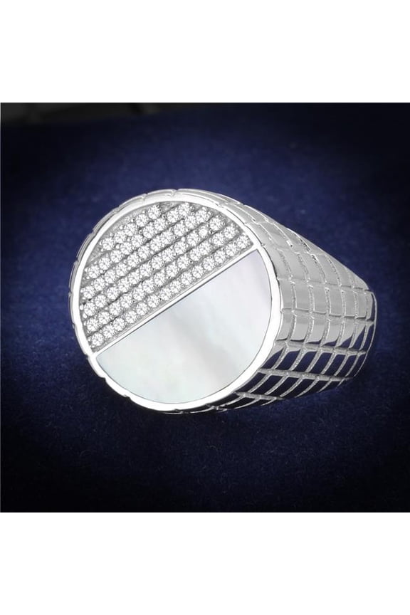 Men Rhodium 925 Sterling Silver Ring with Precious Stone in Aurora Borealis Rainbow Effect - Size 9