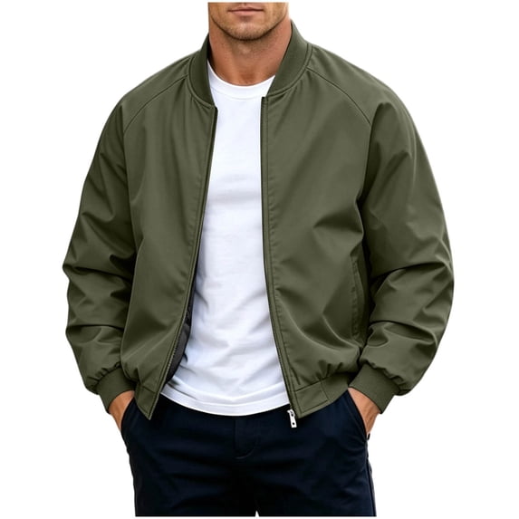 Men Ribbed Collar Bomber Jacket Long Sleeve Lightweight Casual Outerwear with Side Hand Pockets Army Green XXL