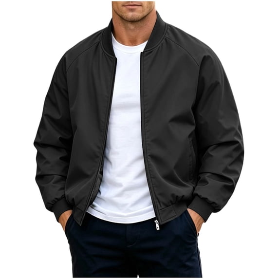Men Ribbed Collar Bomber Jacket Long Sleeve Lightweight Casual Outerwear with Side Hand Pockets Black M
