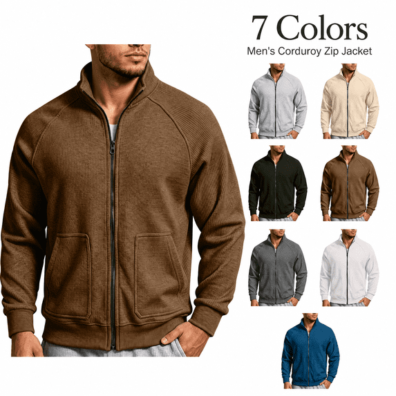 Men Ribbed Zip up Sweatshirt Corduroy Comfy No Hood Stand Collar Fashion Outerwear with Pockets Long Sleeve Trendy Collared Spring Fall Daily Casual Jacket