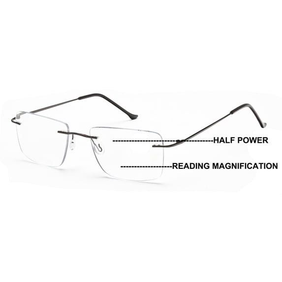 Men Progressive No Line Multifocus Rimless Metal Reading Glasses – Tri-Focal Reader - Half Power On Top +2.00