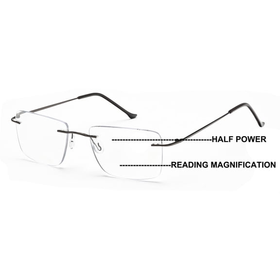 Men Progressive No Line Multifocus Rimless Metal Reading Glasses – Tri-Focal Reader - Half Power On Top +2.25