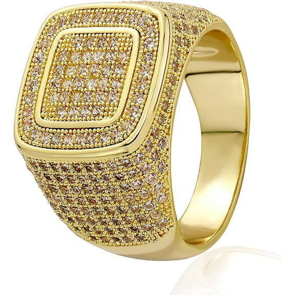 Men Ring 14K Gold Plated Cluster Iced Out Lab Simulated Diamond Band Micropave Bling Wedding Pinky Ring for Women