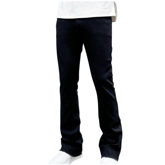 Men Ripped Jeans, Men's Non-Stretch Regular Fit Washed Denim Pants with Pockets Button Closure, Black, M