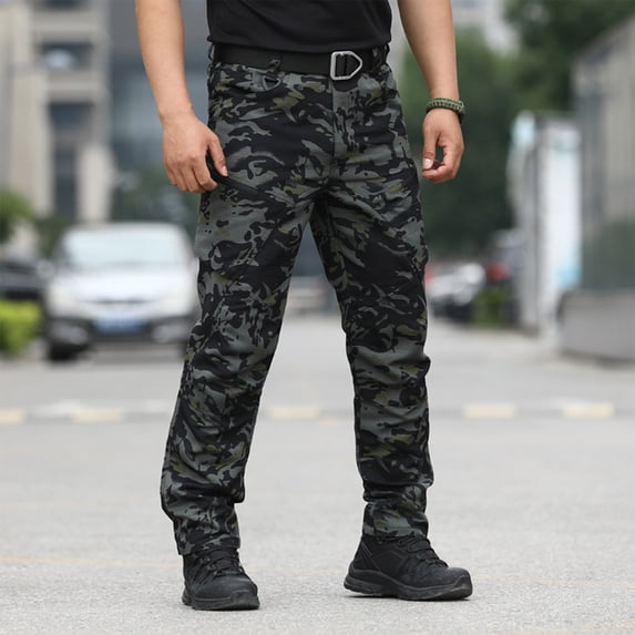 Men Ripstop Tactical Pants Multi Zipper Pockets Camo Outdoor Work Trousers Durable Hiking Pants For Fall Winter Green 2XL