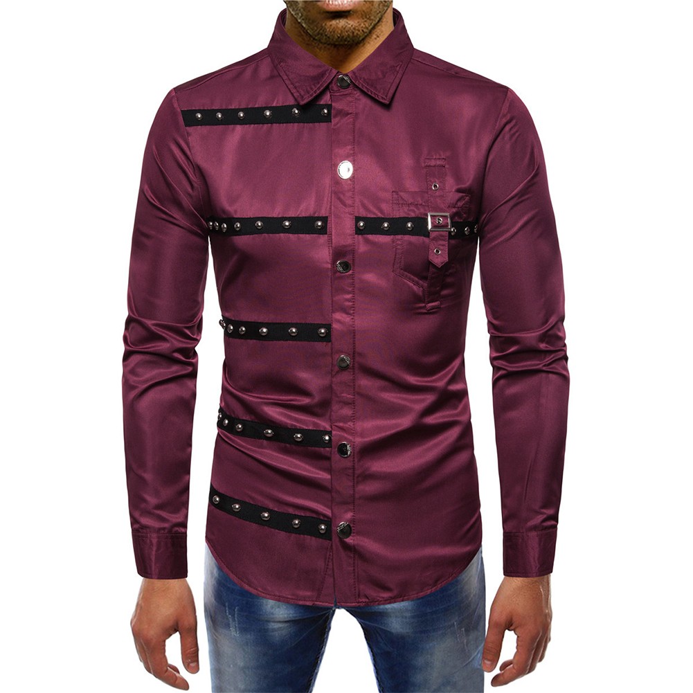 Men Rivet Shirt Gothic Style Long sleeve Punk Slim Fit Button Front
