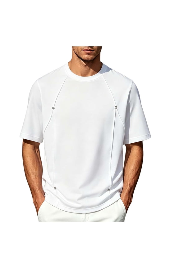 Men Rivet Short Sleeve T-Shirt, Crew Neck Raglan Seam Loose Fit Elastic Solid Casual Summer Top Big & Tall Size M-5XL White