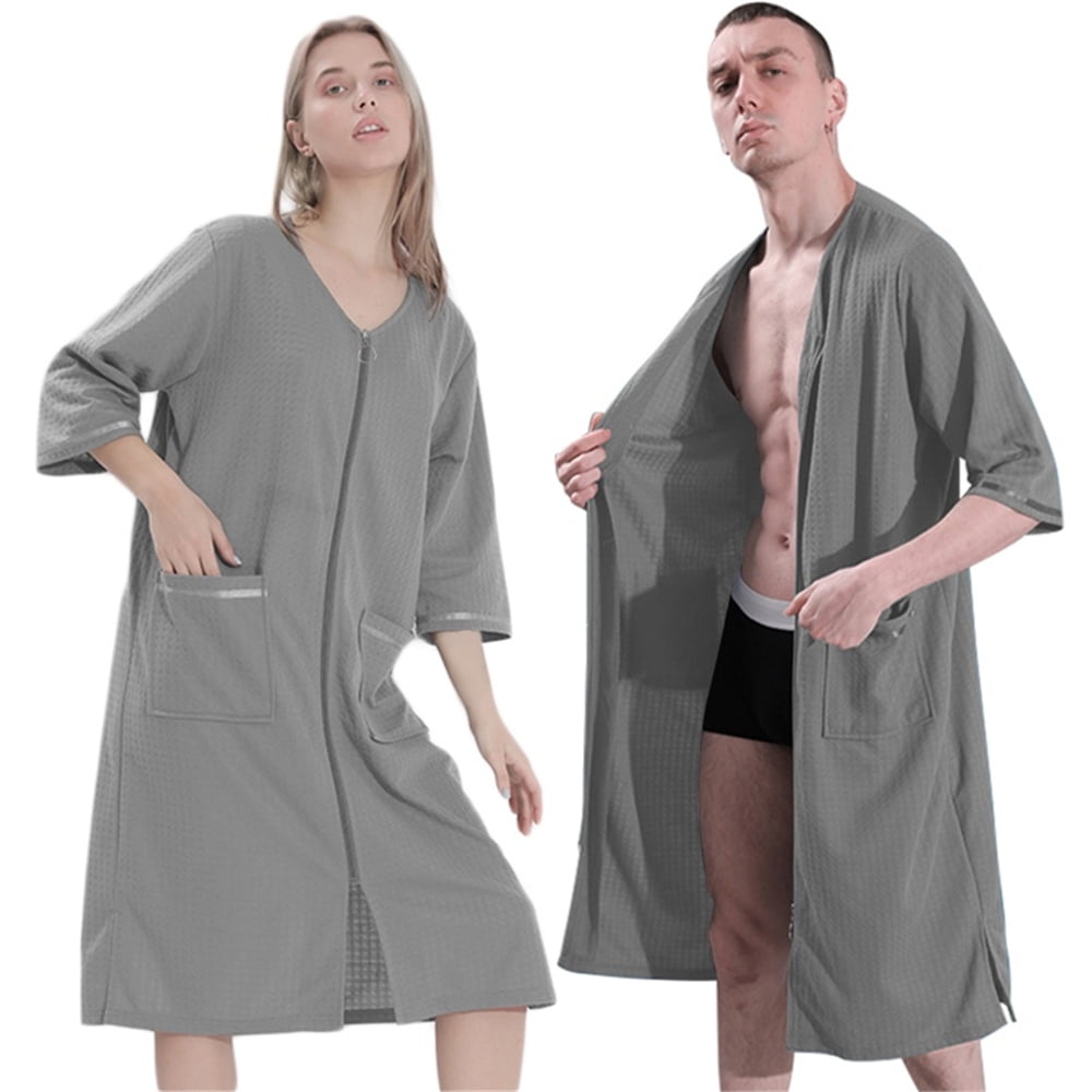 Men Robes Zipper Front Housecoat Knee Length Half Sleeve Bathrobe