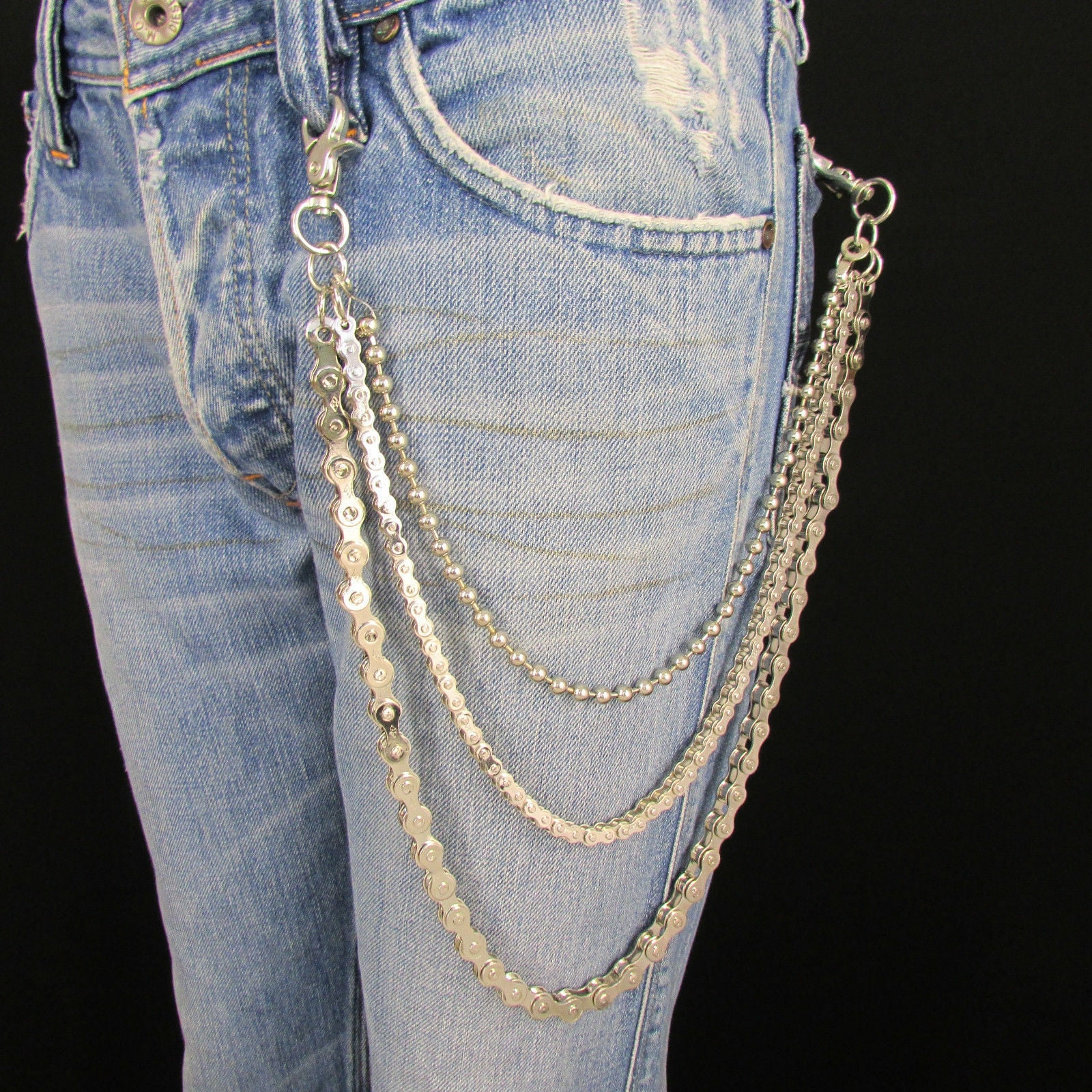 Men Rocker Silver Metal 3 Strands Wallet Jean Chain Key Bike Chain Motorcycle Biker Trucker