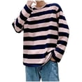 thumbnail image 1 of Men Round Neck Striped Long Sleeve T-Shirt Gym Loose Pullover Tops Cotton Blend Crewneck Couple Outfit Stripes Tee, 1 of 2