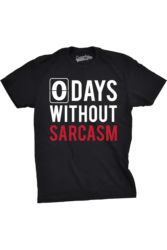 Men'S "0 Days Without Sarcasm" Funny Mocking T-Shirt - Black Casual Crew Neck Tee with Red & White Graphic, Lightweight & Washable, Perfect for Casual Attire, Sports, and