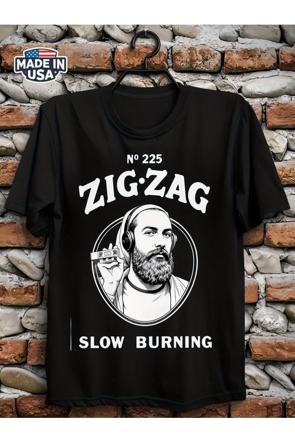Men'S 100% Cotton Black T-Shirt with Vintage Zig-Zag Slow Burning Art Print – Casual Crew Neck Short Sleeve Tee for Casual Attire, Comfortable Clothing | Graphic Tee | Cotton Fabric