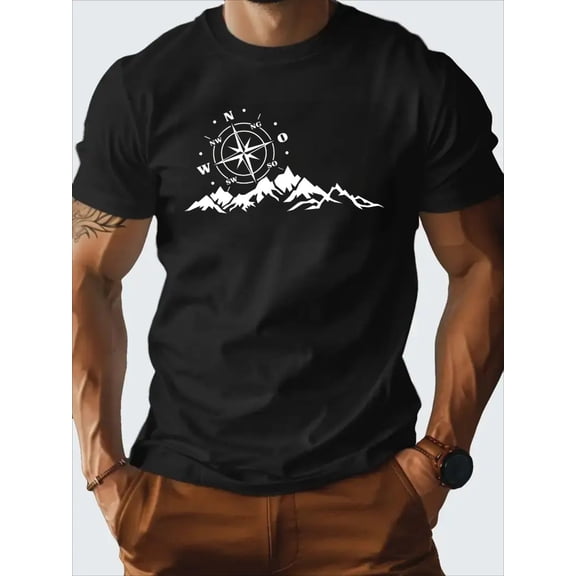 Men'S 100% Cotton Compass & Mountain Graphic T-Shirt –for Hiking & Outdoor Adventures, Casual Summer Style with Unique Compass Rose Design