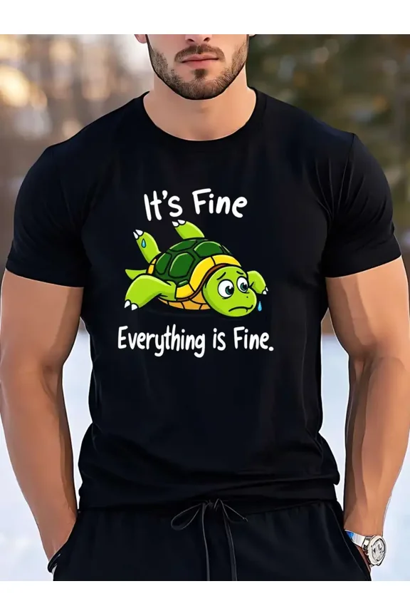 Men'S 100% Cotton Crew Neck T-Shirt - Soft, Breathable, Loose Fit with Funny Turtle Graphic "It'S Fine Everything is Fine" Design, Perfect for Casual Summer Wear, Relatable