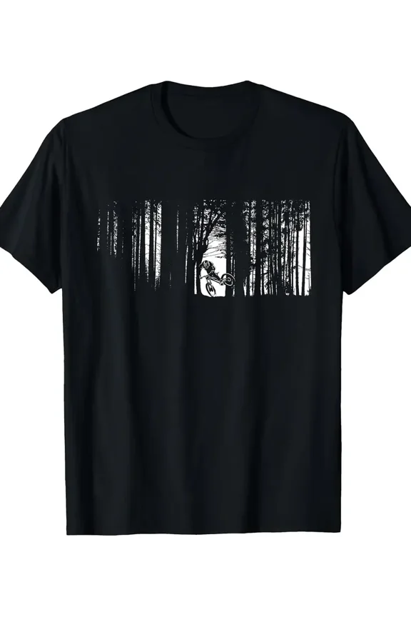 Men'S 100% MTB Mountain Bike Graphic T-Shirt - Black Casual Short Sleeve Tee with White Forest & Cyclist Design, Loose Fit Breathable All-Season Comfort, Durable Print for