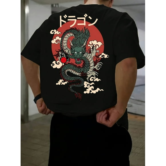 Men'S 100% Polyester Short-Sleeve T-Shirt, Loose Fit, Japanese Anime Dragon Print, Casual Crew Neck Top, Spring/Summer Outdoor Wear, Casual Wear|Anime Graphic Tee|Bold Graphic Prin