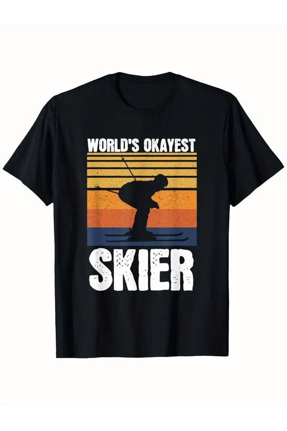 Men'S 100% Retro Vintage Graphic T-Shirt - World'S Okayest Skier Design with Skier Silhouette & Mountain Print, Breathable Crew Neck Short Sleeve Tee for Skiing, Snowboarding