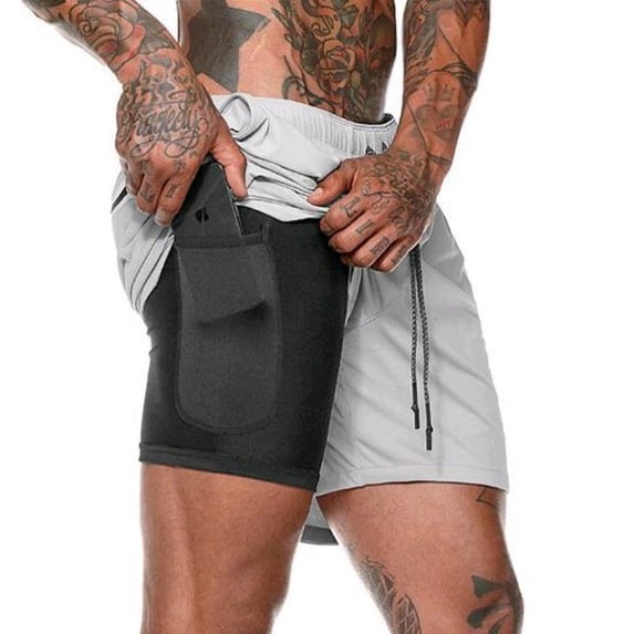 Men'S 2 In 1 Workout Running Shorts Lightweight Training Yoga Gym 7" Short With Zipper Pockets Gray XL