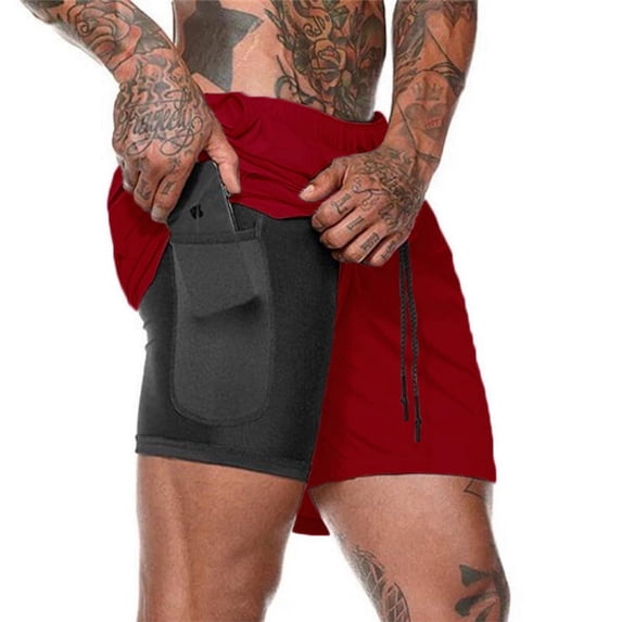 Men'S 2 In 1 Workout Running Shorts Lightweight Training Yoga Gym 7" Short With Zipper Pockets Red L