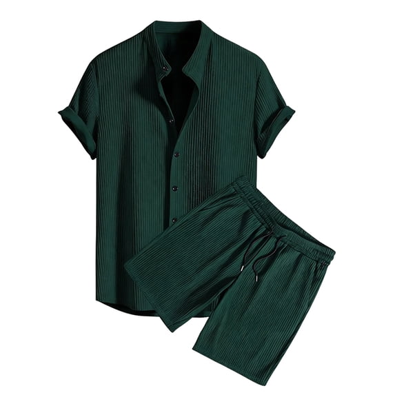Men'S 2 Piece Outfit Casual Short Sleeve Button Down Shirt and Beach Shorts Set Summer Outfits Solid Green L