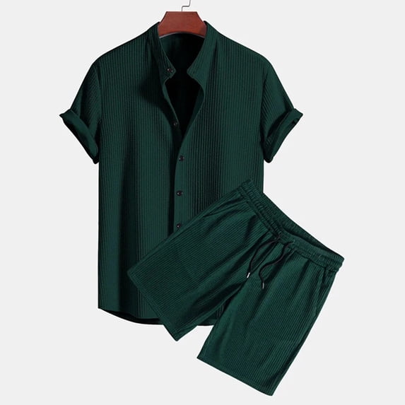 Men'S 2 Piece Outfit Casual Short Sleeve Button Down Shirt and Beach Shorts Set Summer Outfits Solid Green L