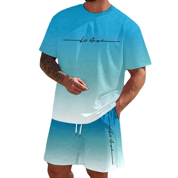 BdTemWBs Men's 2 Piece Summer Vacation Outfits Comfort Casual Beach Short Sleeve Shorts T-Shirt Set Oversize Lightweight Sweat (Sky Blue,4XL)