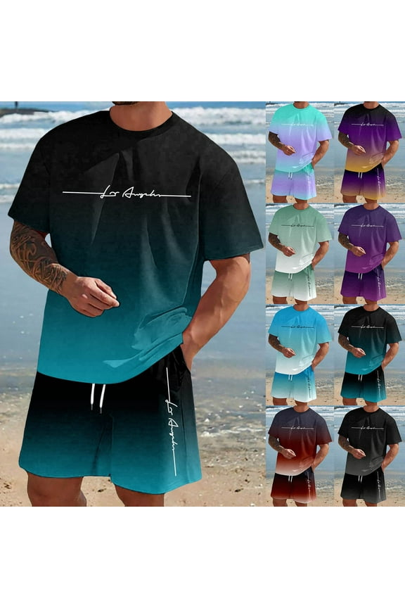 Men'S 2 Piece Summer Vacation Outfits Matching Shirt and Shorts Set Vacation Tracksuits Athletic Jogging Sports Outfits (Dark Blue,L)