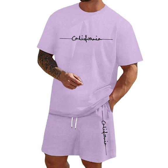 Men'S 2 Piece Waffle Casual Outfits, Casual Short Sleeve Polo T-Shirt and Shorts Set Summer Vacation Holiday Tracksuits (Purple,L)