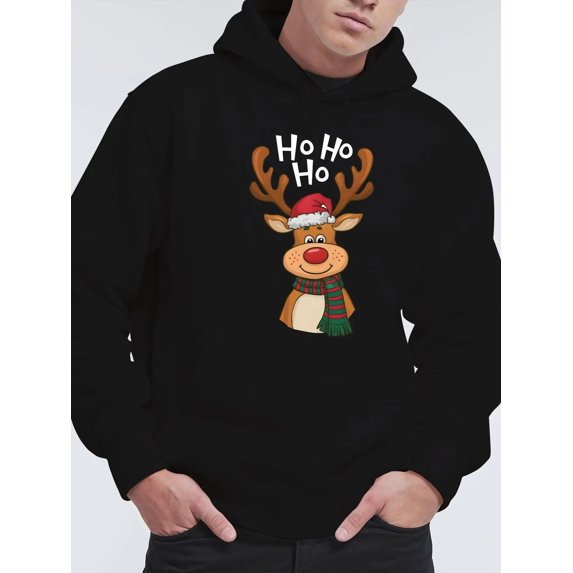 Men'S 2025 Christmas Reindeer Hoodie with Ho Ho Ho & Rudolph Graphic - Casual Long Sleeve Sweatshirt, Soft Knit Fabric, Regular Fit, Festive Red & Green Reindeer Print, Cozy Winter Pullover for Holid
