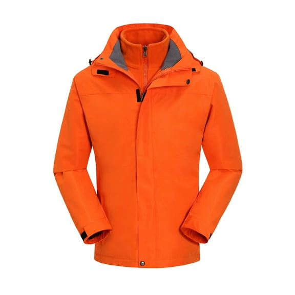 Men'S 3-In-1 Waterproof Ski Jacket, High Neck Detachable Fleece Liner Hooded Raincoat For Hiking & Winter Adventures Orange M